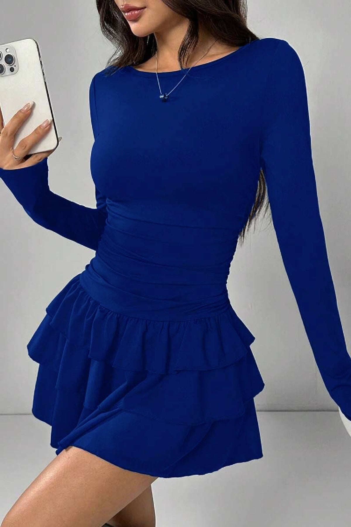 Eteği Kat Kat Volanlı Mini Elbise - Saks Mavisi - Görsel 2