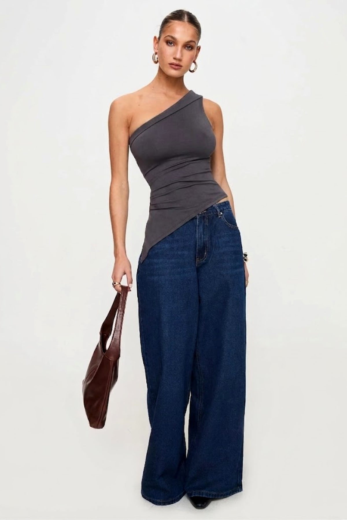 5058 ASİMETRİK ESNEK CROP TOP BLUZ - Füme - Görsel 4