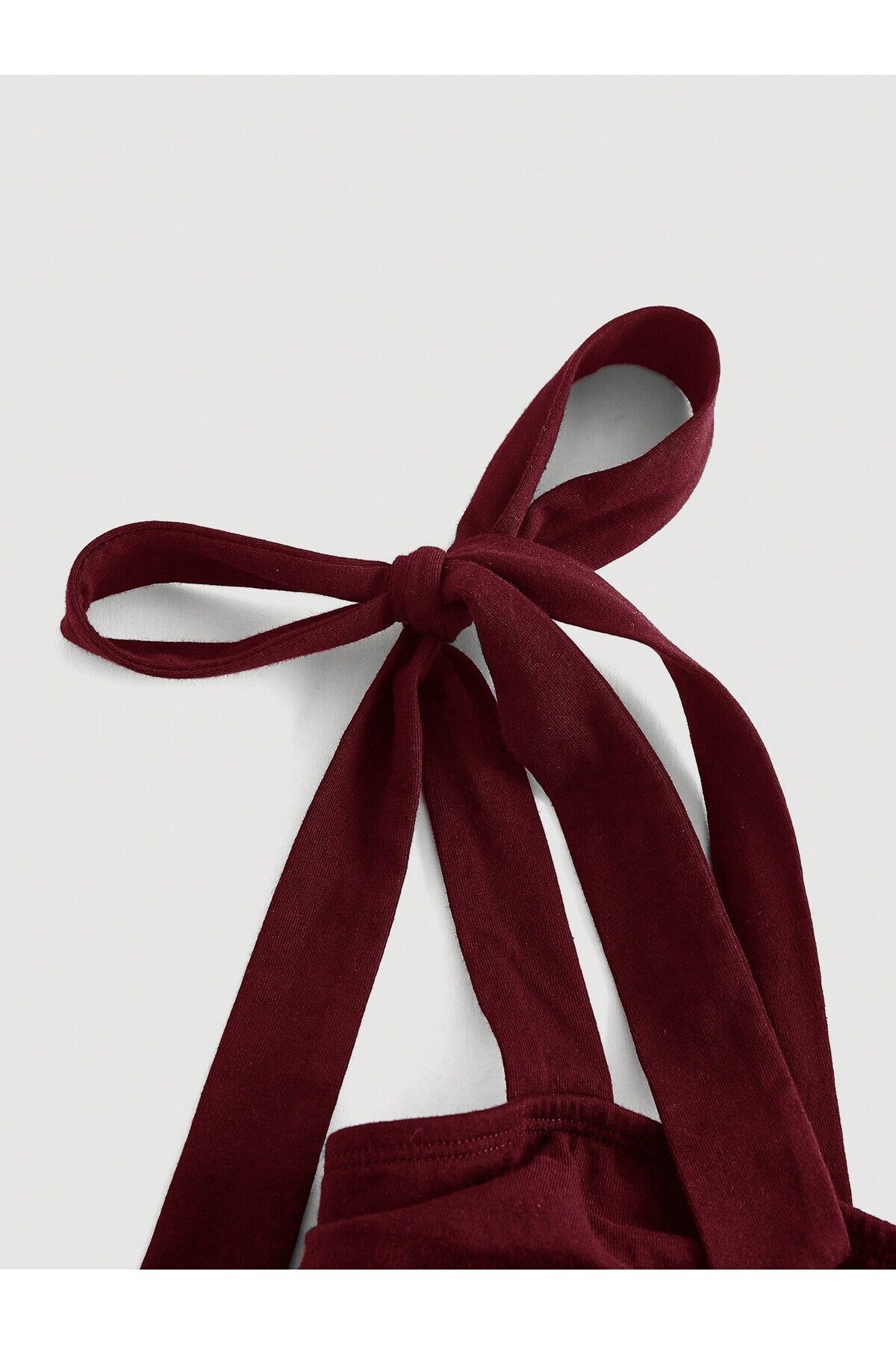 Bordo Fiyonklu Yazlık Crop Top, Bordo Fiyonklu Omuzdan Bağlamalı Yazlık Geniş Askılı Üst Bluz - Bordo - Görsel 3