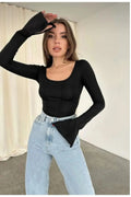 kadın Ispanyol Kol Basic Crop Top - Siyah - Görsel 1