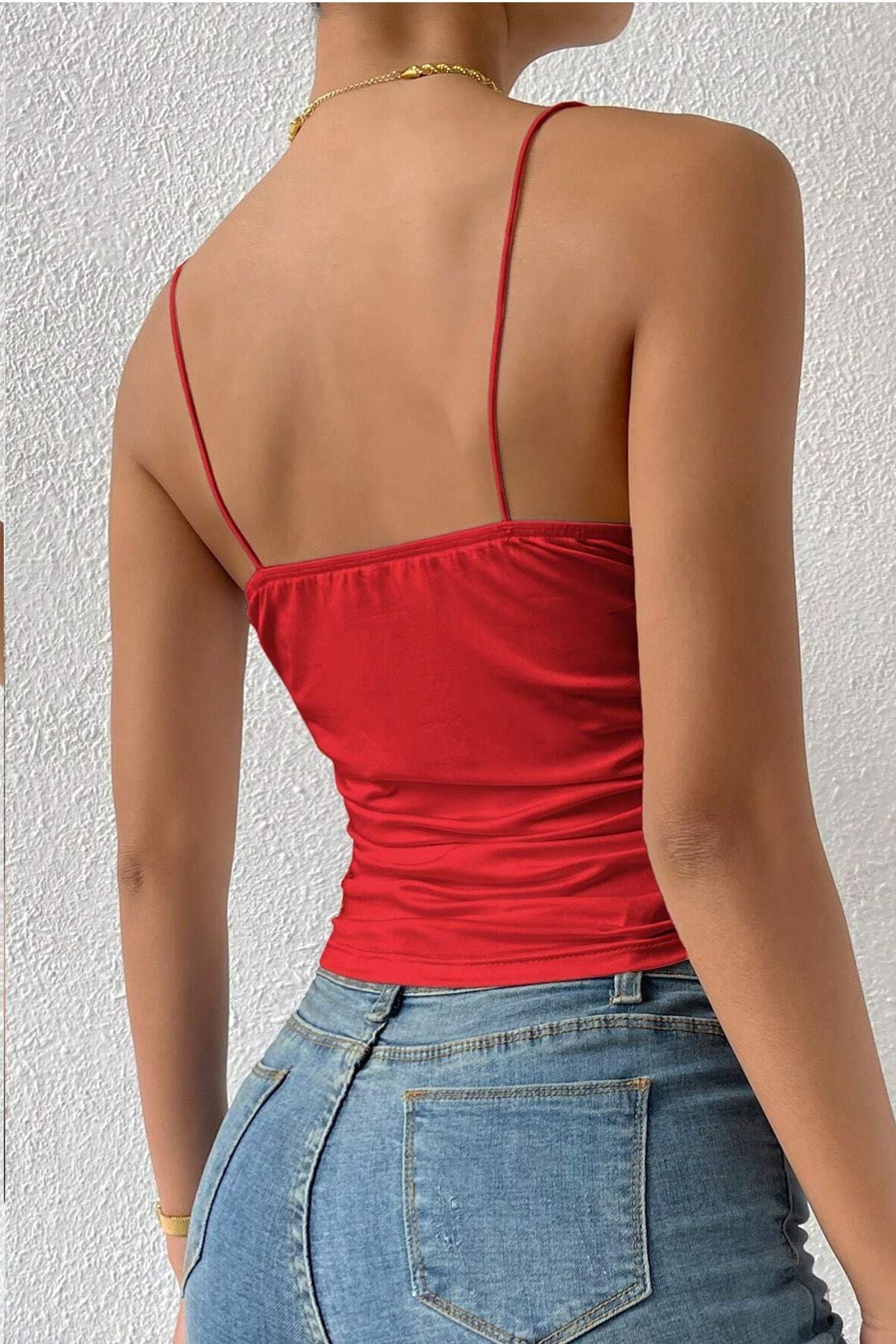 Kolsuz Askılı Degaje Yaka Bluz Crop - Kırmızı - Görsel 4