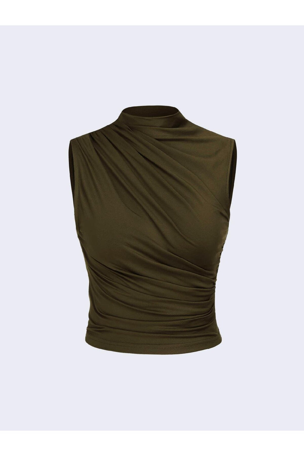 6071 Kolsuz Büzgülü Haki Crop Bluz - Haki - Görsel 1