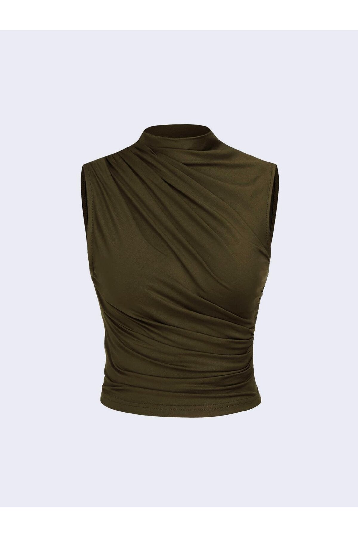 6071 Kolsuz Büzgülü Haki Crop Bluz - Haki - Görsel 1