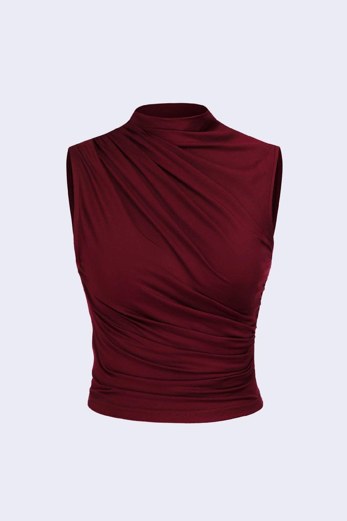 6071 Kolsuz Büzgülü Crop Bluz - Bordo
