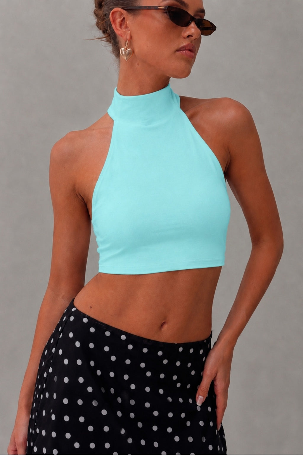 Halter Yaka Çift Kat Crop Top - Turkuaz - Görsel 1