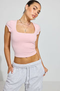 Kare Yaka Esnek Crop Bluz - Pembe - Görsel 1