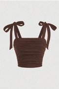 WFT5023B Fiyonklu Geniş Askılı Crop Bluz - Kahverengi - Görsel 1