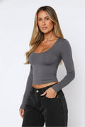 WFT6051 Yuvarlak Yaka Esnek Basic Crop Bluz - Füme - Görsel 1