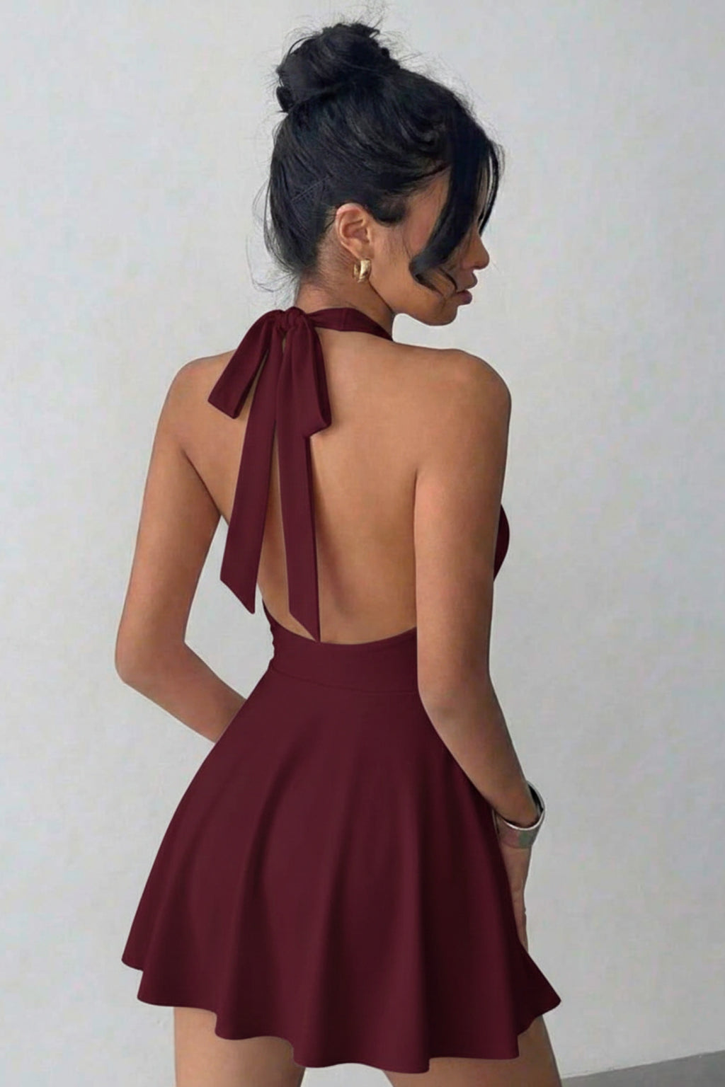 Halter Yaka Önü Çift Kat Şortlu Toparlayıcı Elbise - Bordo - Görsel 3