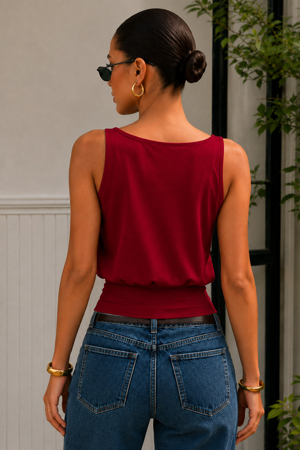 Bele Oturan Kare Yaka Esnek Crop top bluz - Bordo - Görsel 4