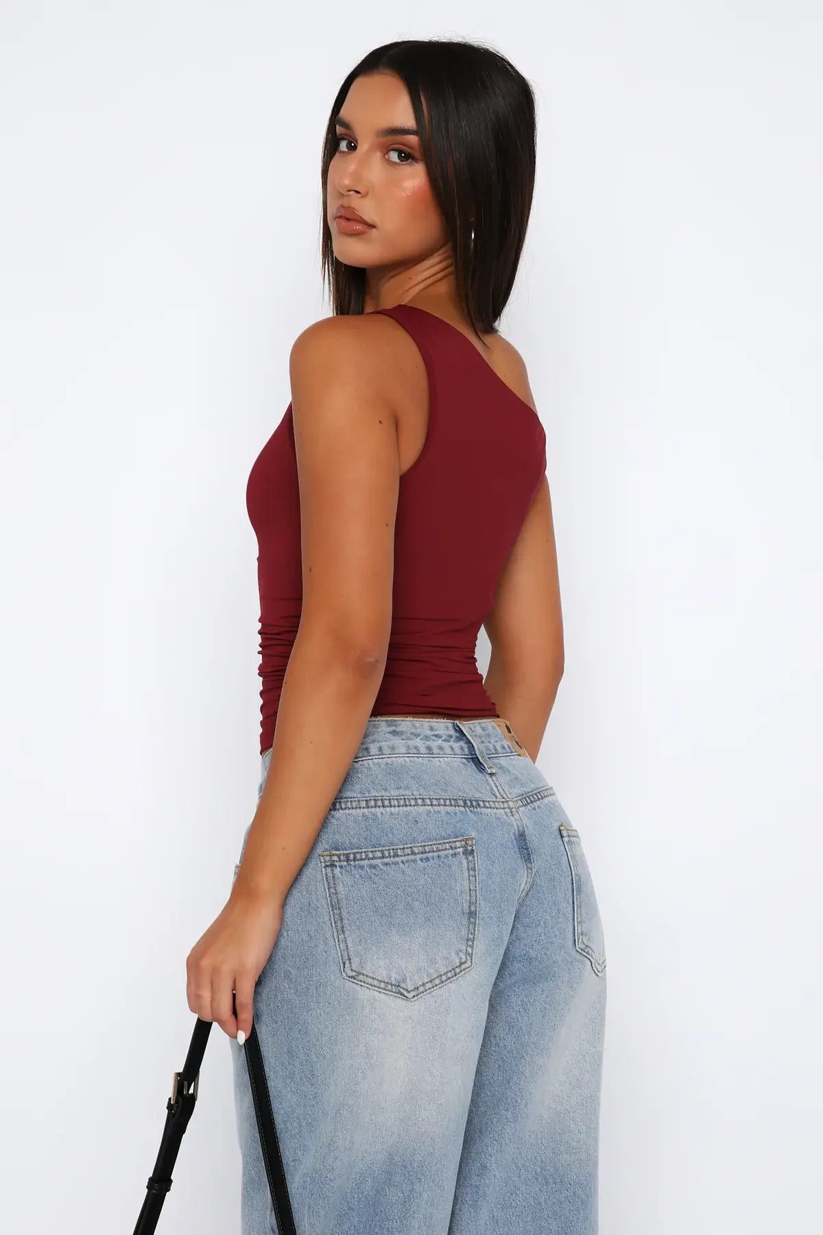 Düşük Omuz Esnek Crop Bluz - Bordo - Görsel 3