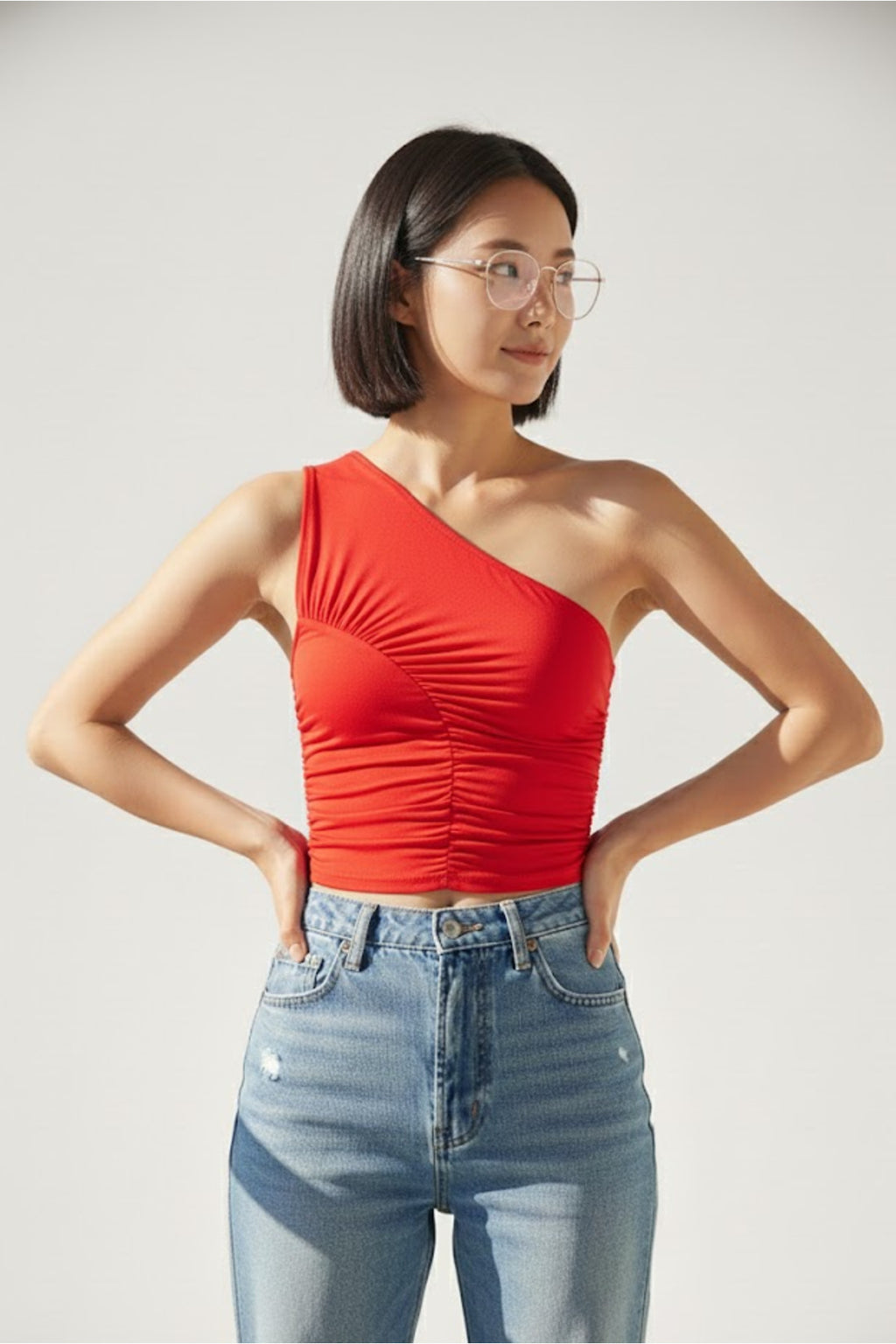 WFT4063B Tek Omuz Askılı Büzgü Detaylı Esnek Crop Top Bluz - Kırmızı - Görsel 1