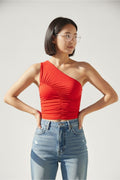 WFT4063B Tek Omuz Askılı Büzgü Detaylı Esnek Crop Top Bluz - Kırmızı - Görsel 1