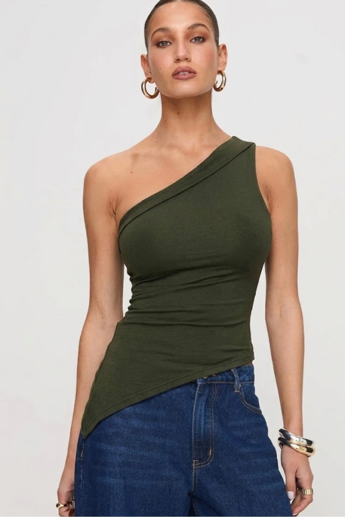 5058 ASİMETRİK ESNEK CROP TOP BLUZ - Haki - Görsel 1