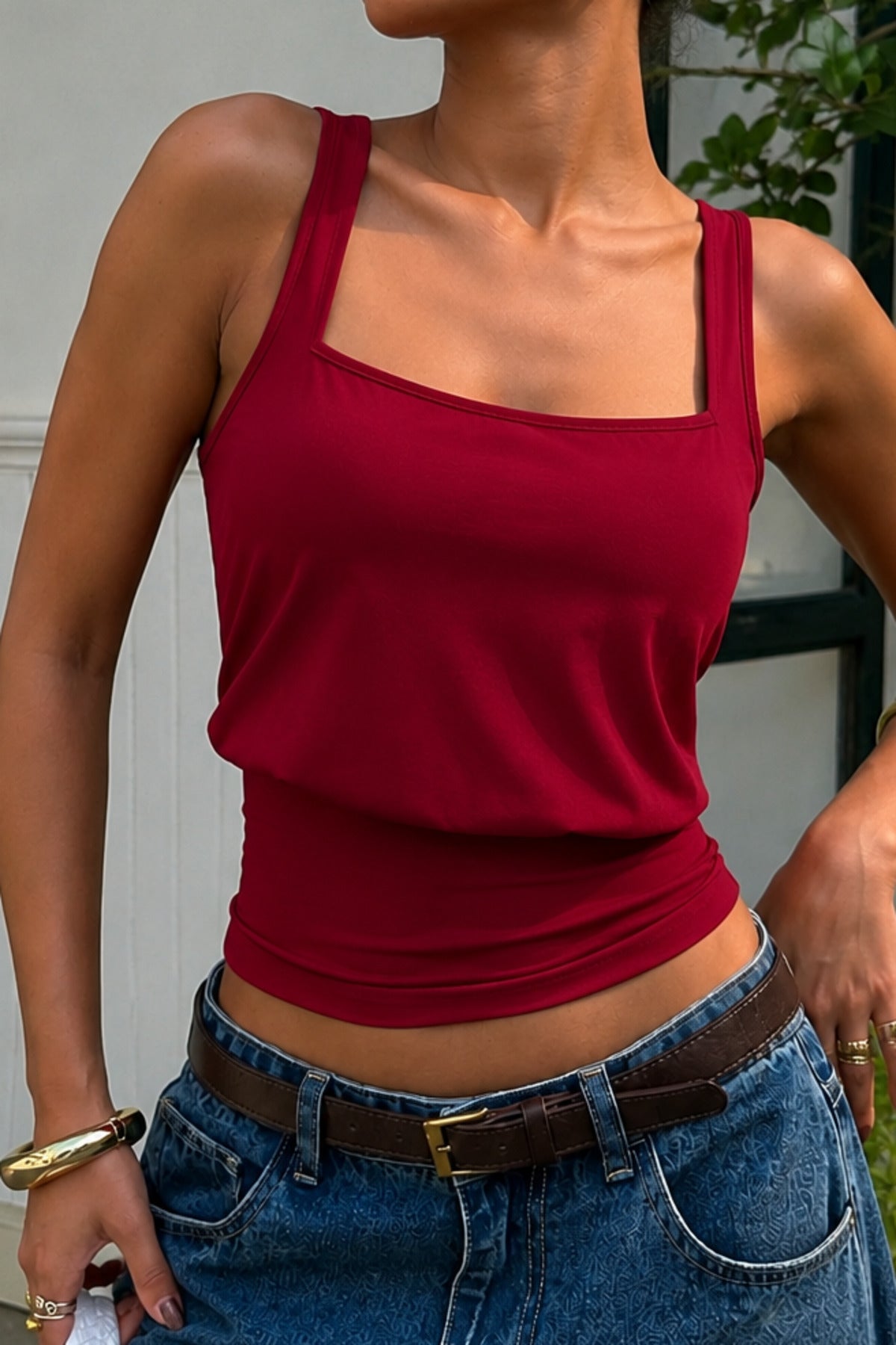 Bele Oturan Kare Yaka Esnek Crop top bluz - Bordo - Görsel 3