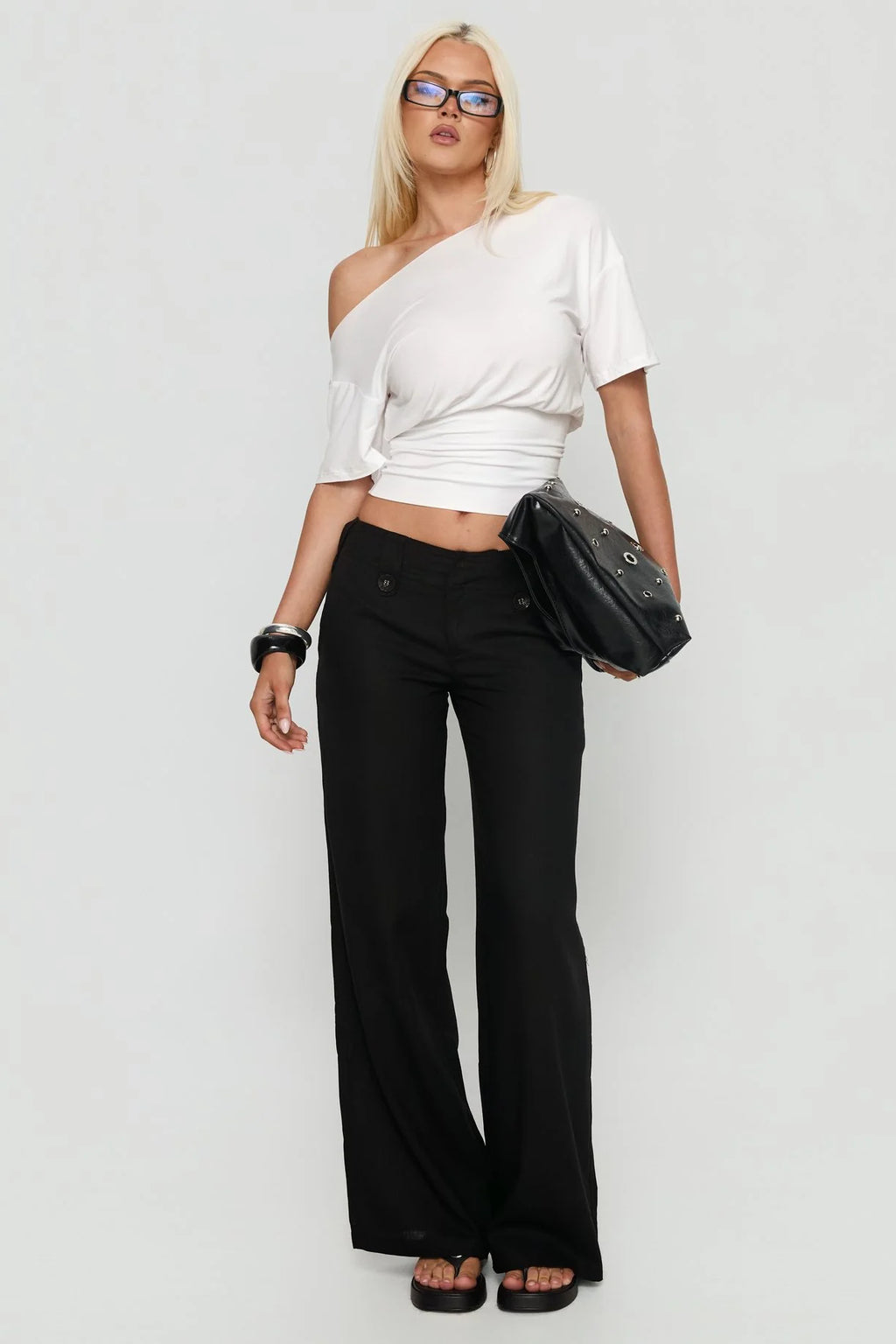 Düşük Omuz Drapeli Crop Top Ekru