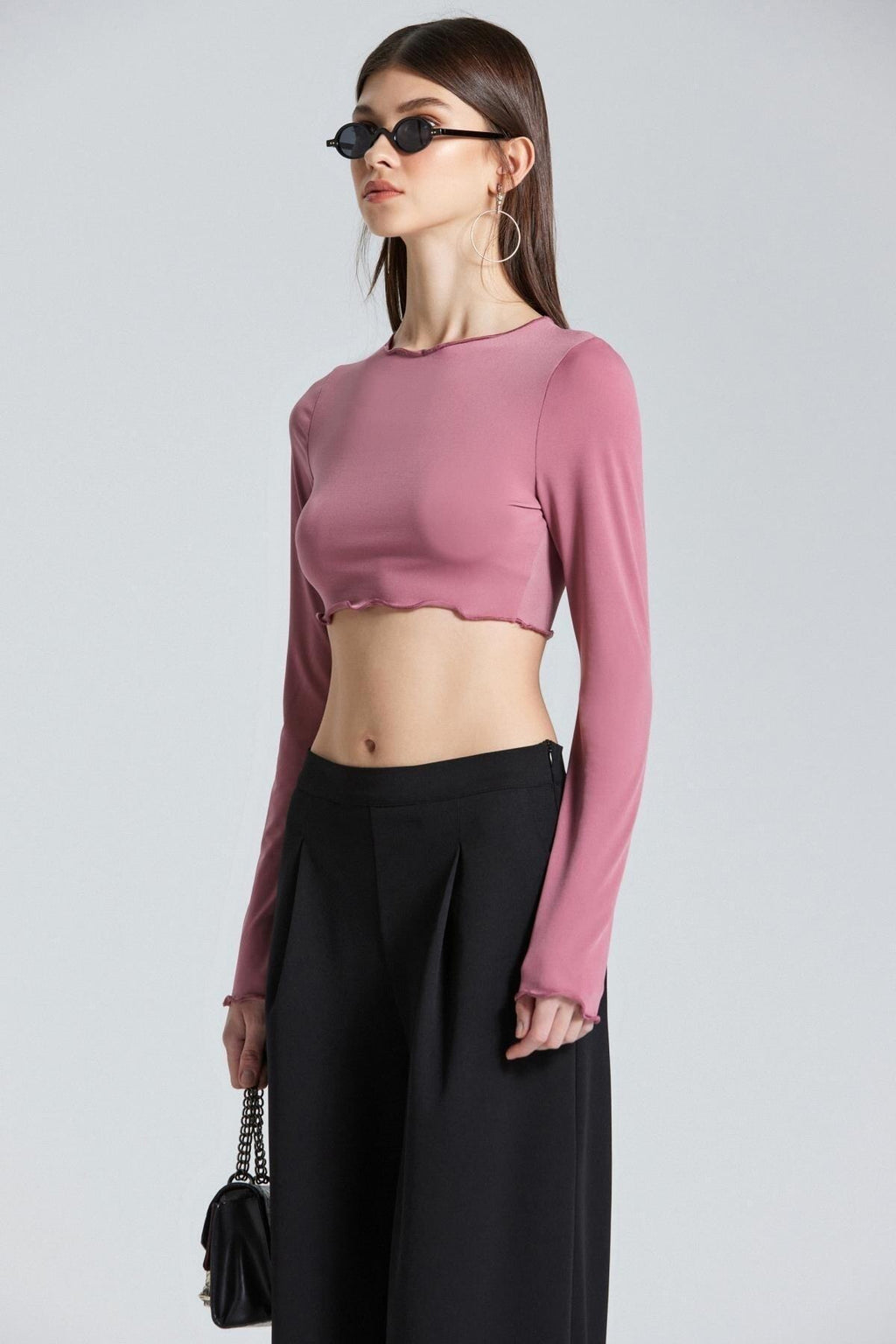 Gül Kurusu Bisiklet Yaka Crop - Gül Kurusu - Görsel 3