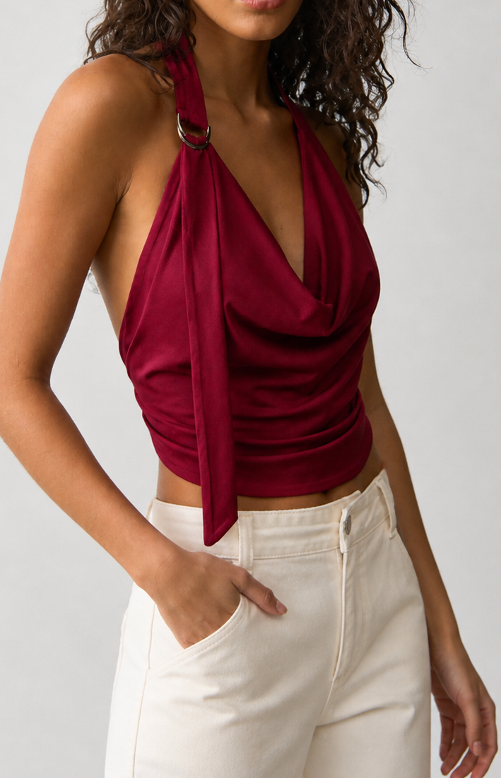 Ring Detaylı Halter Yaka Bordo Bluz - Bordo