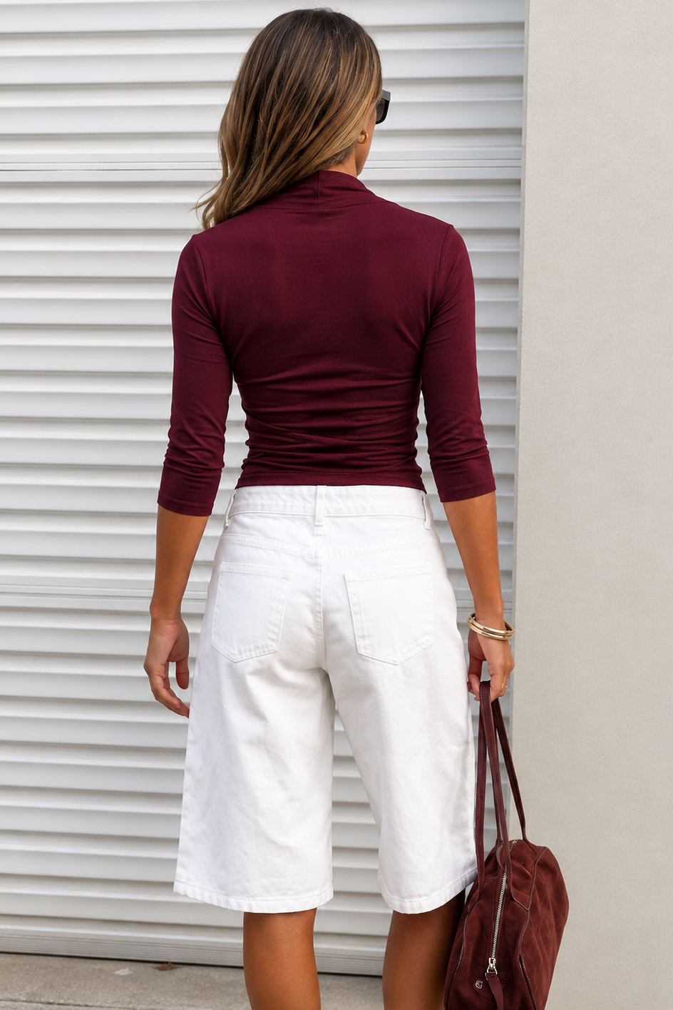 9270 Bordo Kısa Kollu Drapeli Bluz Esnek Kumaş - Bordo - Görsel 6