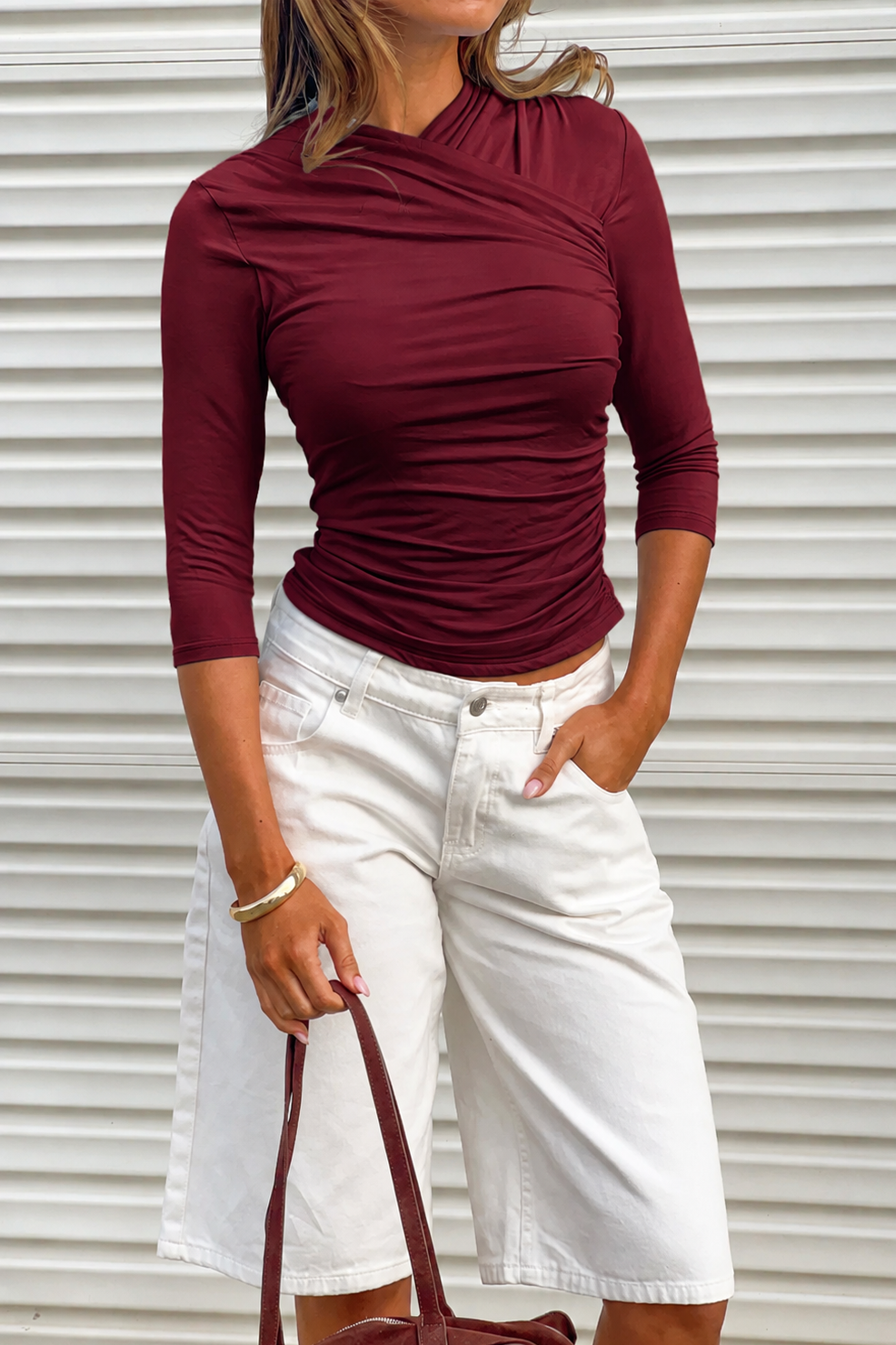 9270 Bordo Kısa Kollu Drapeli Bluz Esnek Kumaş - Bordo - Görsel 2