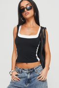4097 ASKILI ESNEK CROP TOP BLUZ - Siyah/Beyaz