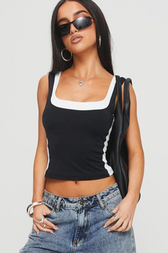 4097 ASKILI ESNEK CROP TOP BLUZ - Siyah/Beyaz