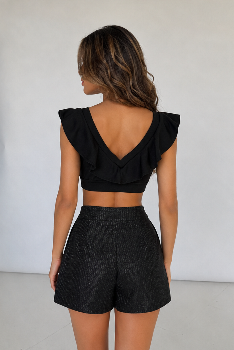 2589 Volanlı v Yaka Crop - Siyah