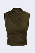 6071 Kolsuz Büzgülü Crop Bluz - Haki