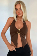 Halter Yaka Toka Detaylı Crop Bluz - Kahverengi