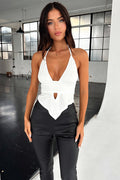 Halter Yaka Kesik Detaylı Crop Bluz - Beyaz - Görsel 1