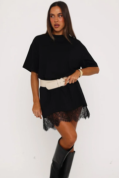 9903 Dantel Detaylı Oversize Siyah Mini Elbise - Siyah