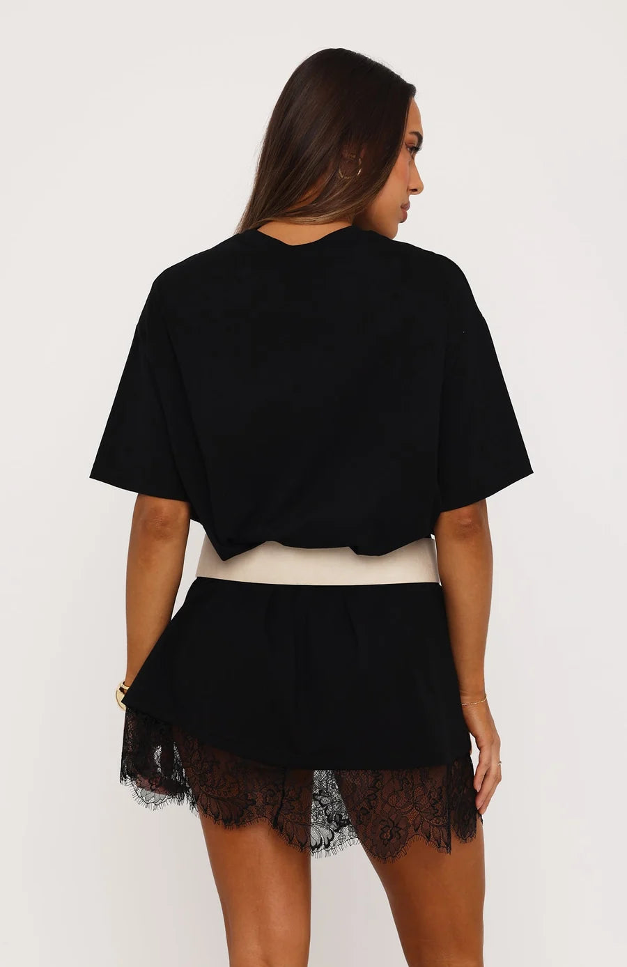 9903 Dantel Detaylı Oversize Siyah Mini Elbise - Siyah - Görsel 3