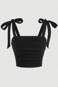 Fiyonklu Yazlık Crop Top, Siyah Fiyonklu Yazlık Geniş Askılı Üst - Siyah