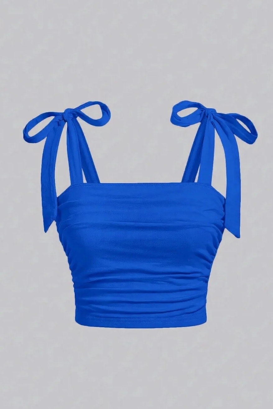 Saks Mavi Fiyonklu Yazlık Crop Top,Saks Mavi Fiyonklu Omuzdan Bağlamalı Yazlık Geniş Askılı Üst Bluz - Saks Mavi