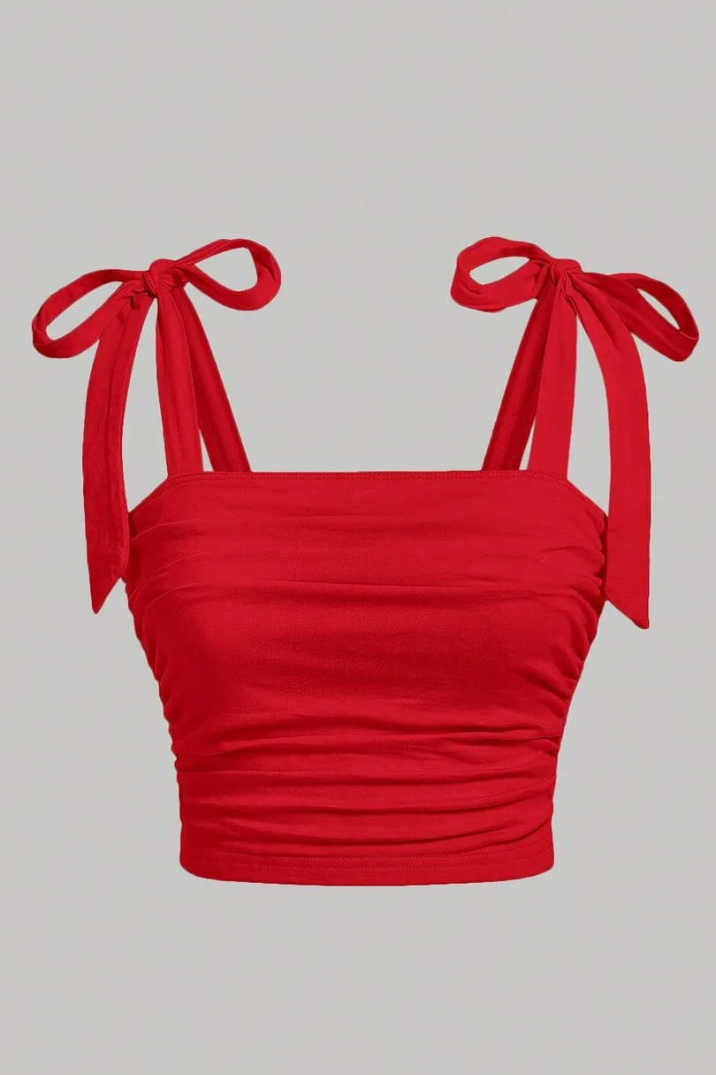 Kırmızı Fiyonklu Yazlık Crop Top, Kırmızı Fiyonklu Yazlık Geniş Askılı Üst - Kırmızı