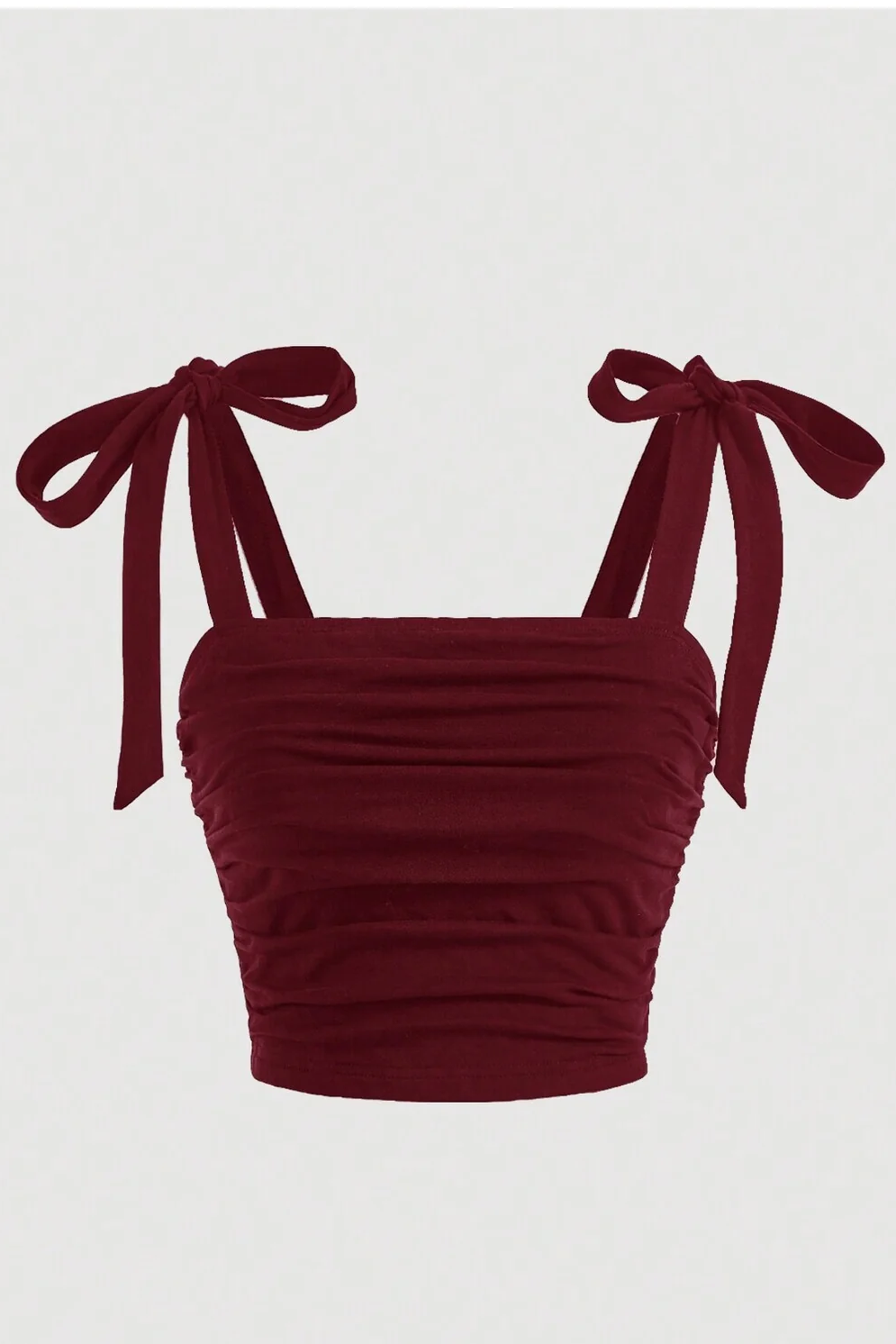 Bordo Fiyonklu Yazlık Crop Top, Bordo Fiyonklu Omuzdan Bağlamalı Yazlık Geniş Askılı Üst Bluz - Bordo