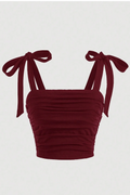Bordo Fiyonklu Yazlık Crop Top, Bordo Fiyonklu Omuzdan Bağlamalı Yazlık Geniş Askılı Üst Bluz - Bordo