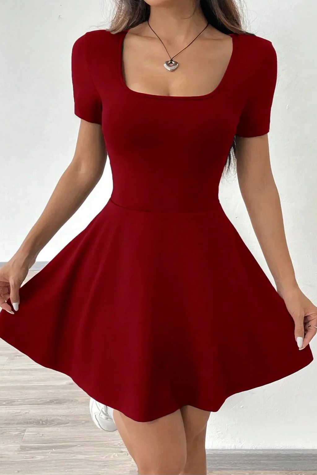 Kadın Trend U Yaka Şortlu Elbise - Bordo