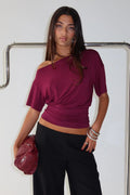 Bordo Düşük Omuz Drapeli Crop Top - Bordo - Görsel 1
