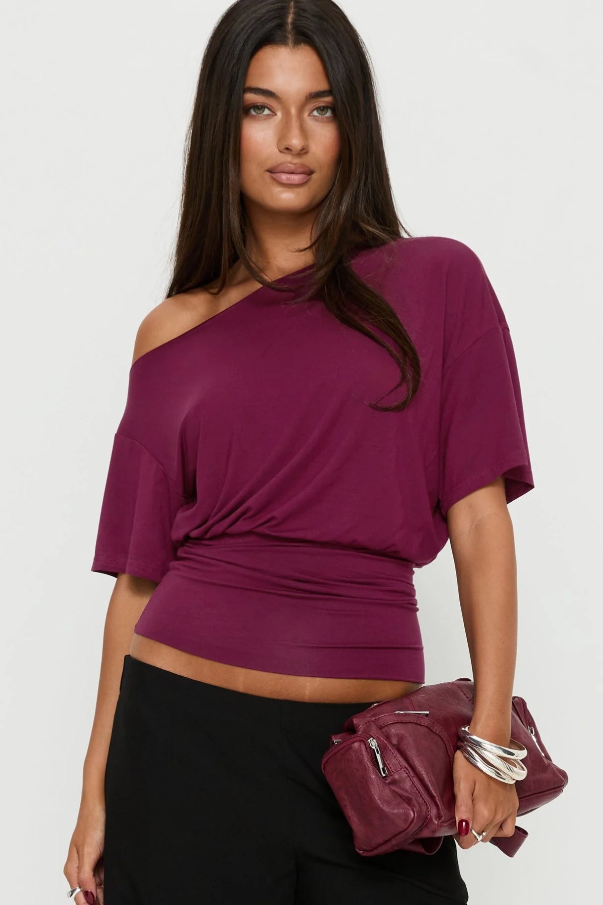 Bordo Düşük Omuz Drapeli Crop Top - Bordo - Görsel 2