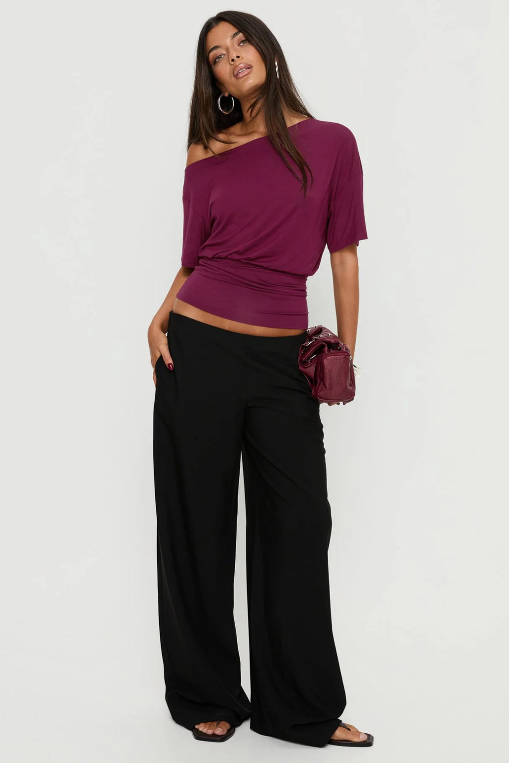 Bordo Düşük Omuz Drapeli Crop Top - Bordo - Görsel 3