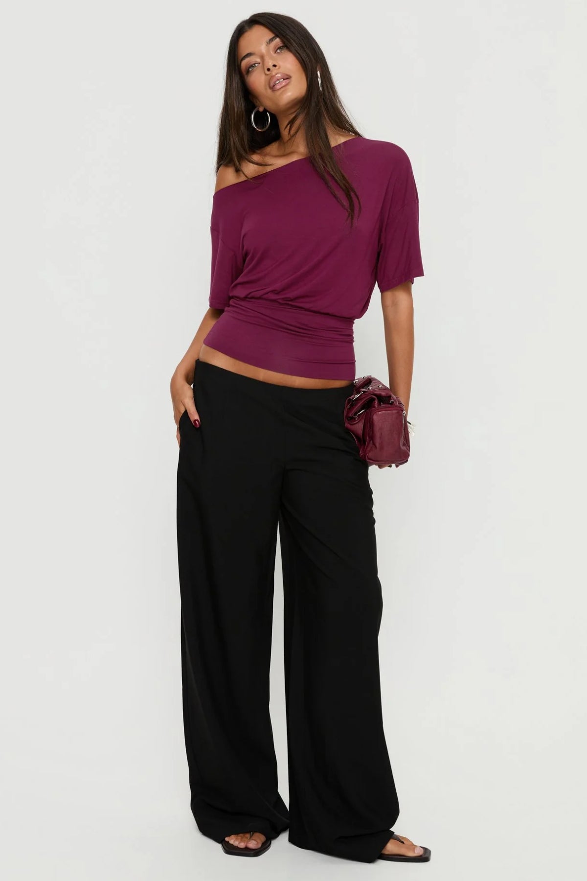 Bordo Düşük Omuz Drapeli Crop Top - Bordo - Görsel 3