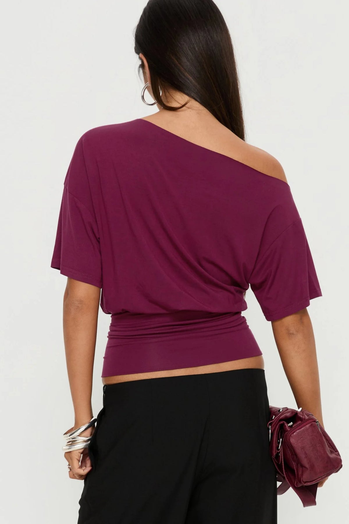 Bordo Düşük Omuz Drapeli Crop Top - Bordo - Görsel 5