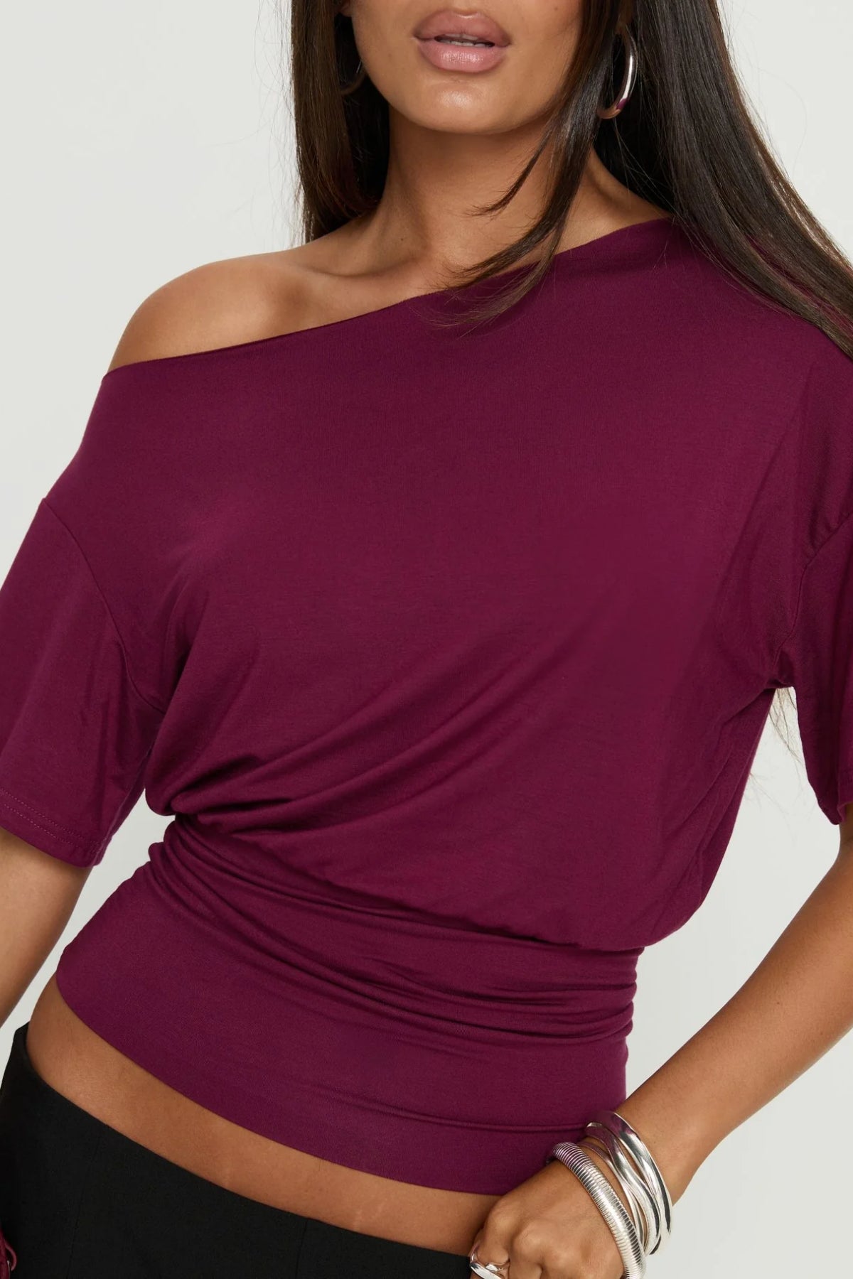 Bordo Düşük Omuz Drapeli Crop Top - Bordo - Görsel 6