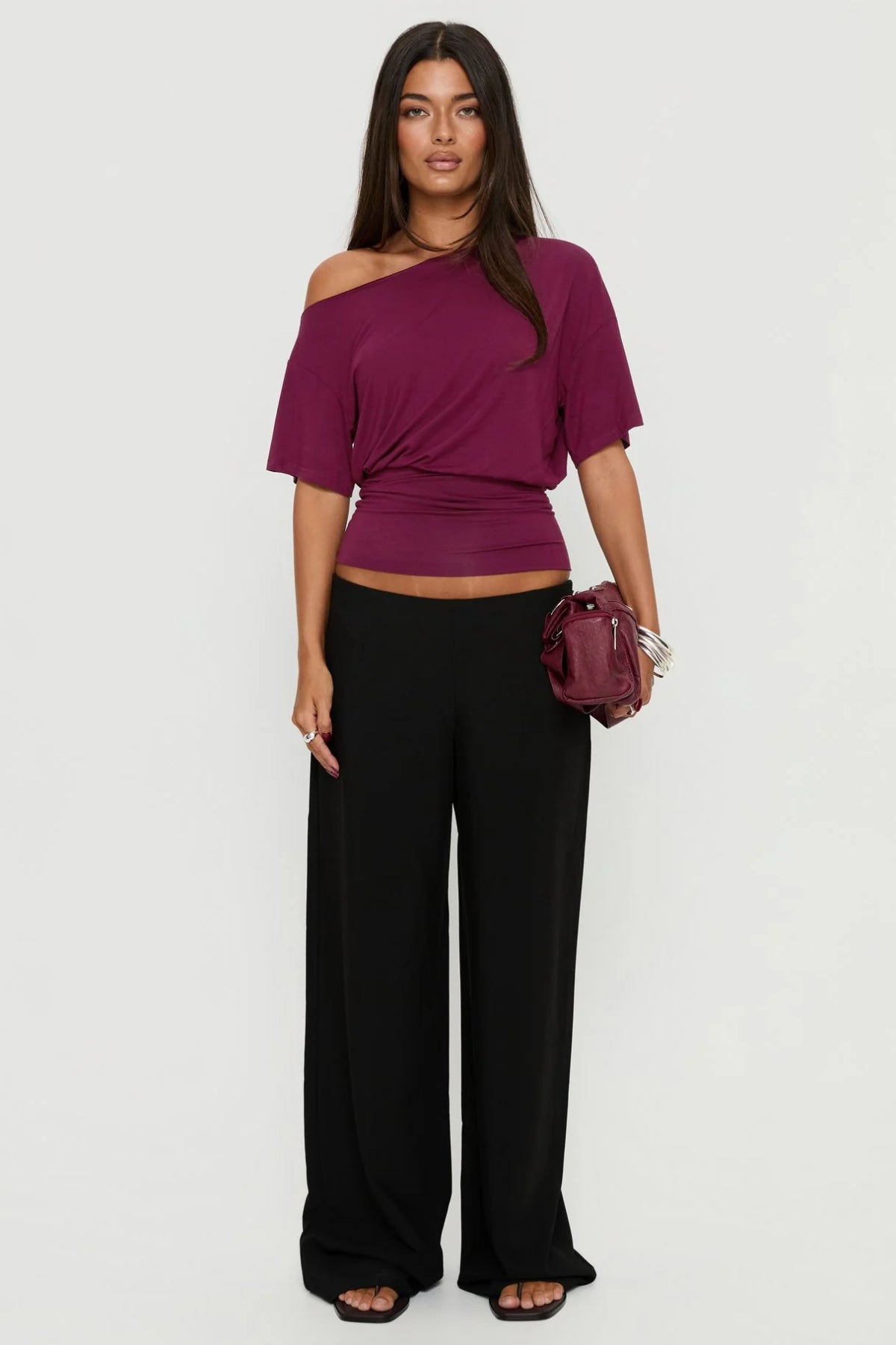 Bordo Düşük Omuz Drapeli Crop Top - Bordo - Görsel 7