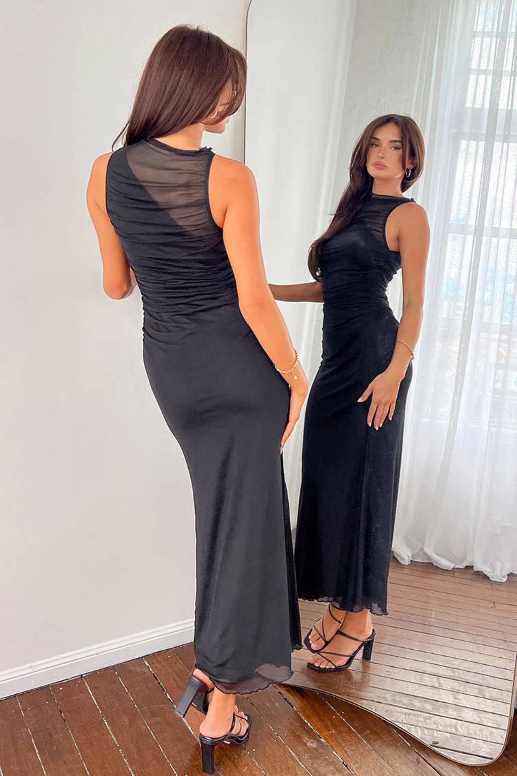 Siyah Maxi Elbise Esnek Likralı Tül Sandy Kumaş - Siyah - Görsel 2