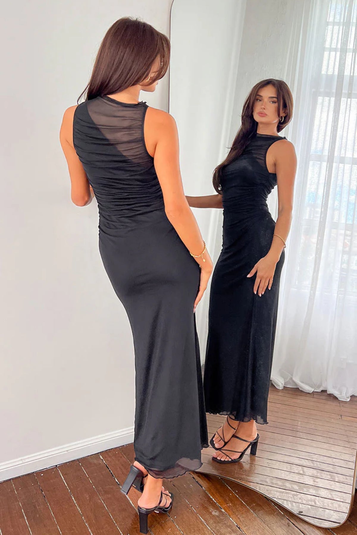 Siyah Maxi Elbise Esnek Likralı Tül Sandy Kumaş - Siyah - Görsel 2